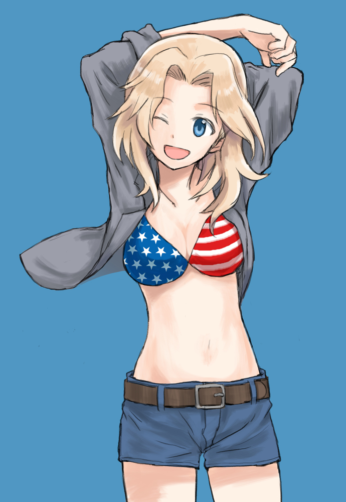 1girl, ;d, american_flag, american_flag_bikini_top, arms_behind_head, arms_up, belt, bikini_top