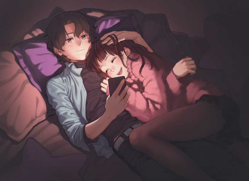 1boy, 1girl, bangs, black_skirt, blue_eyes, brown_hair, cellphone, closed_eyes