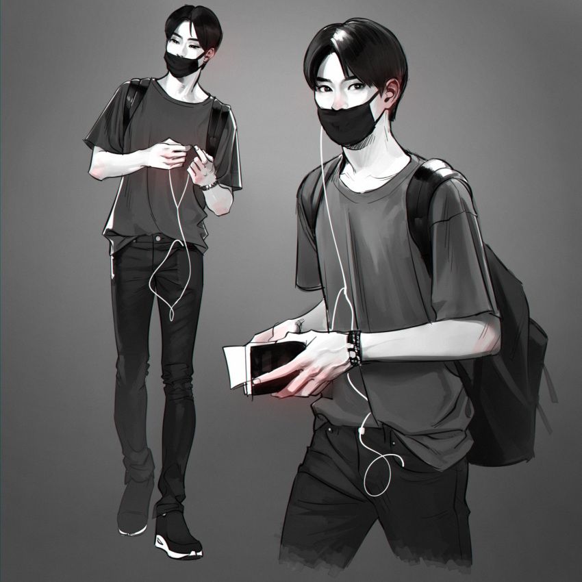 1boy, backpack, bag, book, earphones, full_body, greyscale, highres
