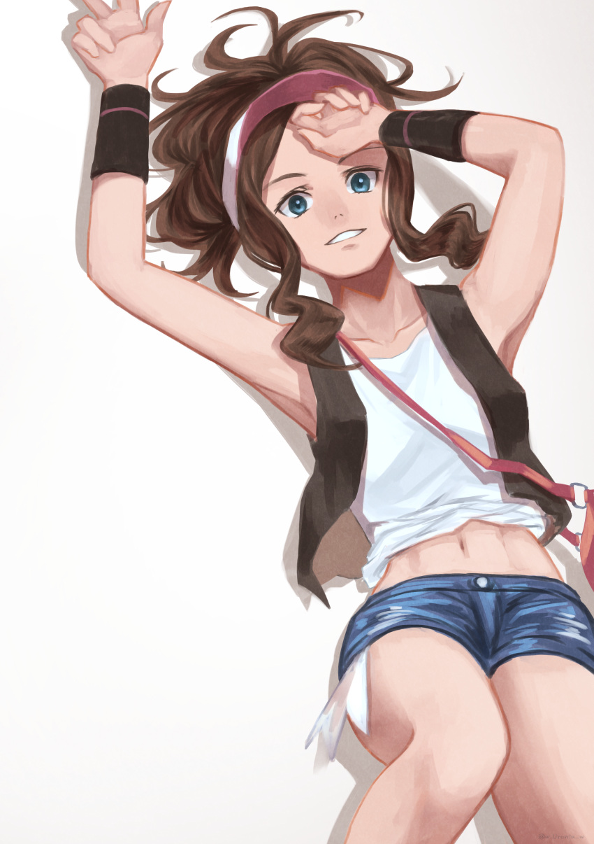 1girl, absurdres, arms_up, blue_eyes, blue_shorts, brown_hair, creatures_(company), game_freak