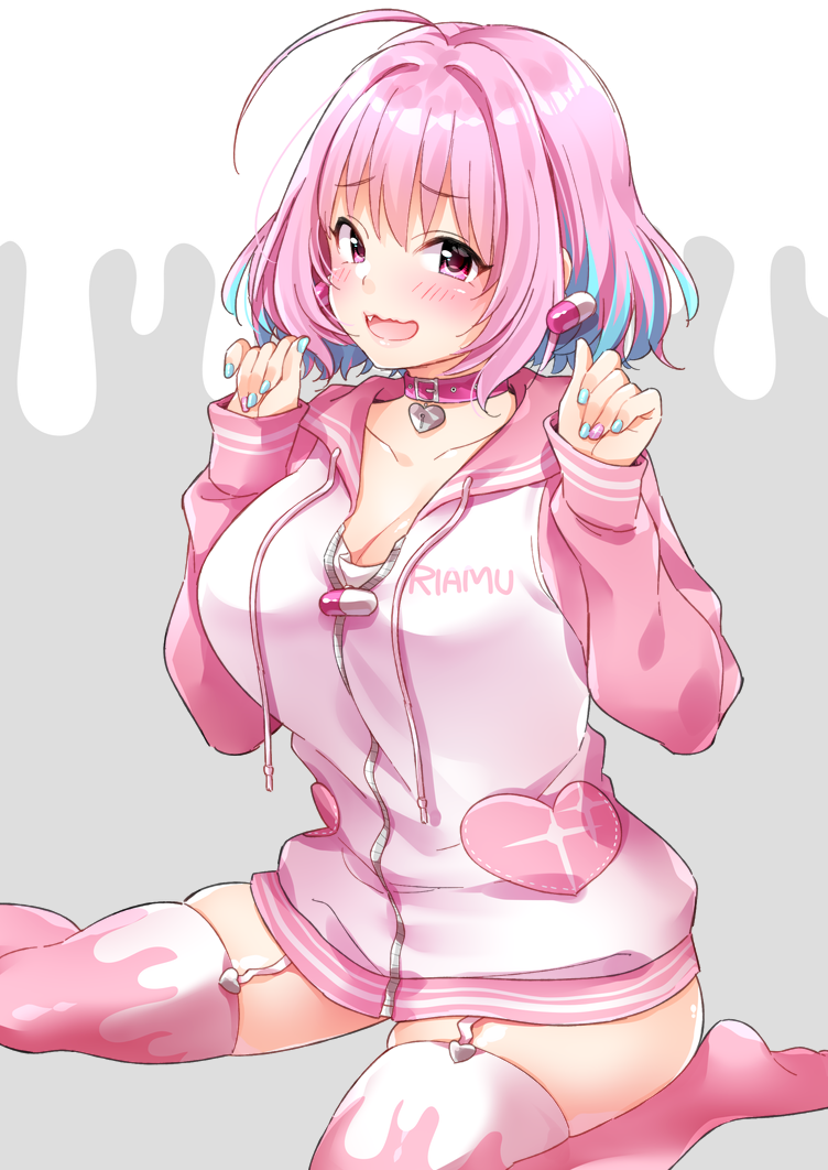 1girl, ahoge, blue_hair, breasts, collar, garter_straps, heart, hood