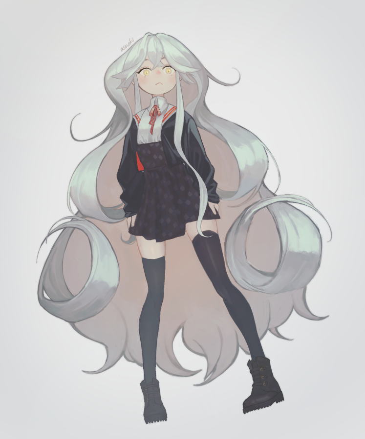 1girl, asaoki, bangs, black_footwear, black_legwear, blush, boots, bow, closed_mouth, grey_background, grey_hair, long_hair, original, patterned, patterned_clothing, red_bow, signature, silver_hair, simple_background, solo, thigh-highs, very_long_hair, yellow_eyes