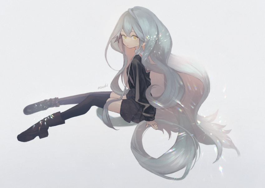 1girl, asaoki, black_footwear, black_legwear, black_skirt, boots, closed_mouth, grey_background, grey_hair, long_hair, original, signature, silver_hair, simple_background, sitting, skirt, solo, sparkle, thigh-highs, very_long_hair, yellow_eyes
