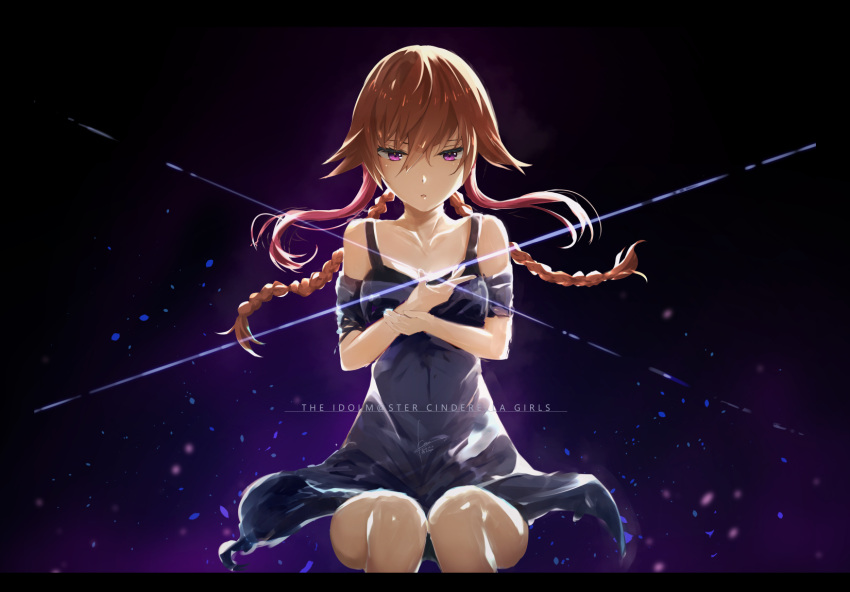 1girl, arm_strap, black_dress, brown_hair, collarbone, copyright_name, dress, hair_between_eyes