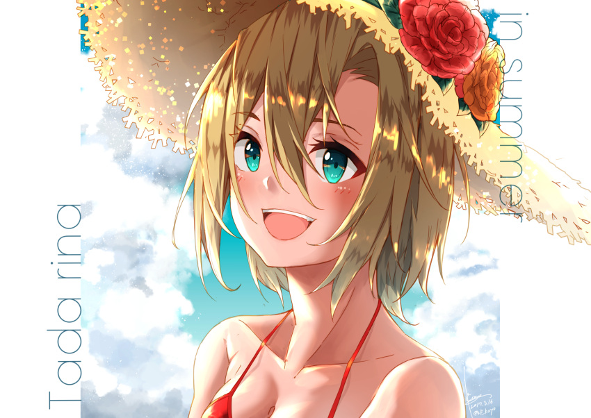 1girl, :d, blonde_hair, blue_eyes, breasts, character_name, cleavage, collarbone