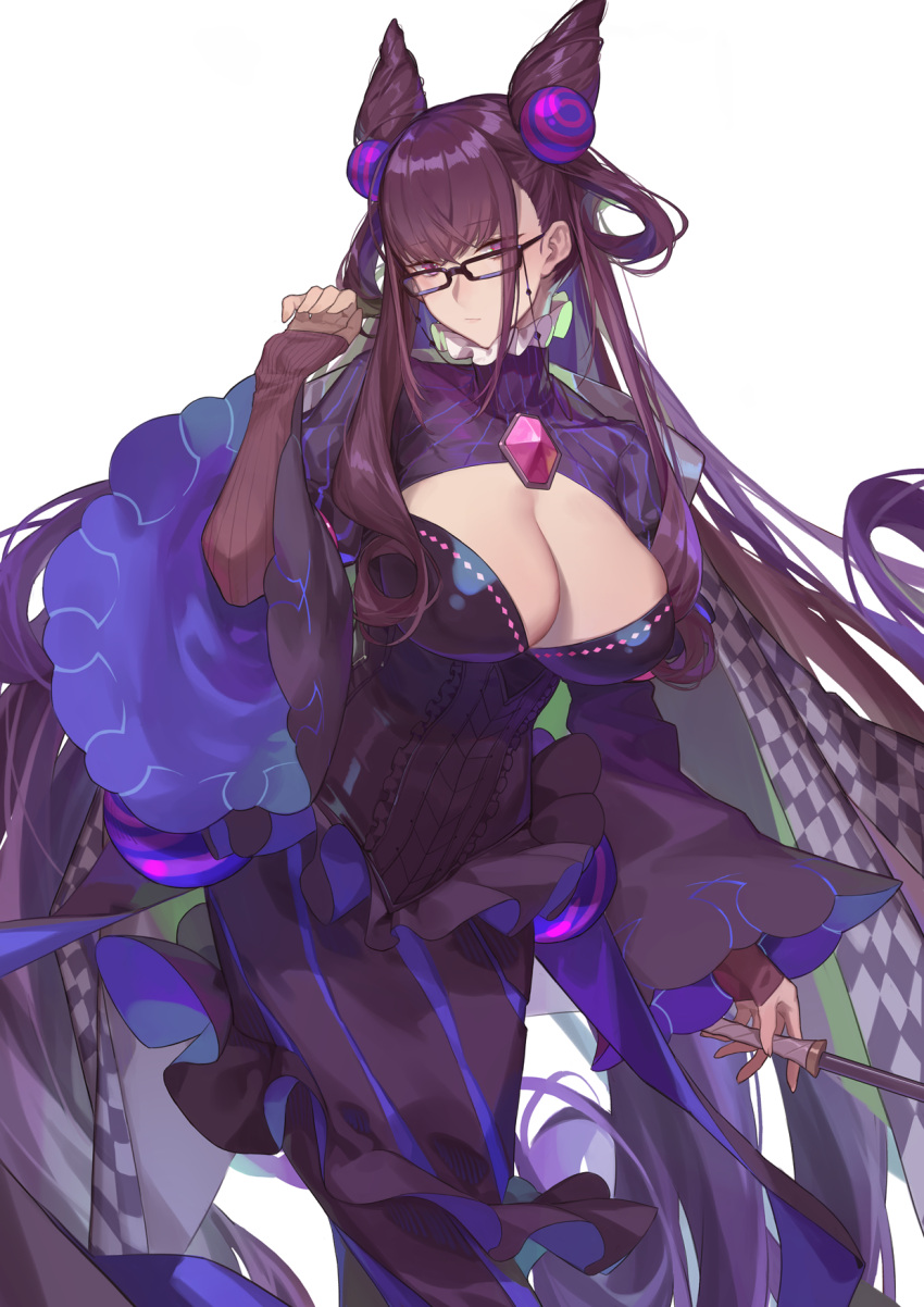 1girl, bangs, black_dress, breasts, brown_hair, double_bun, dress, fate/grand_order, fate_(series), frills, glasse, hair_ornament, highres, large_breasts, long_hair, looking_at_viewer, murasaki_shikibu_(fate), puffy_sleeves, red_cucumber, very_long_hair, violet_eyes
