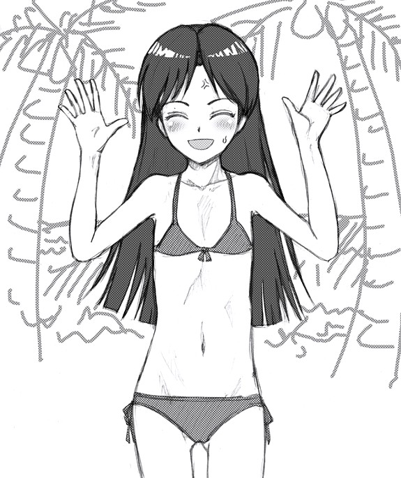 bikini, blush, closed_eyes, flat_chest, idolmaster, kisaragi_chihaya, long_hair, monochrome
