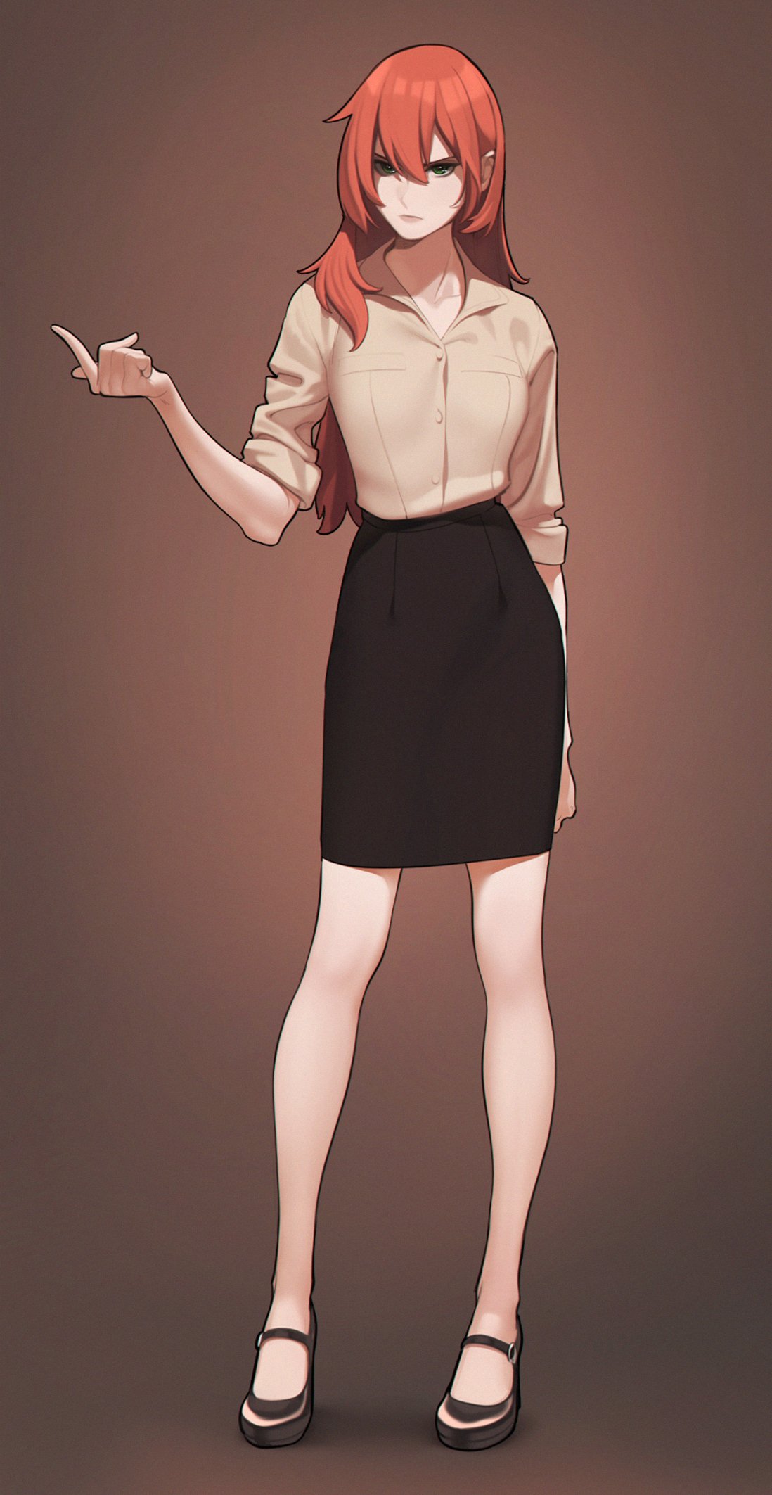 1girl, beckoning, black_skirt, brown_background, collarbone, commission, full_body, green_eyes