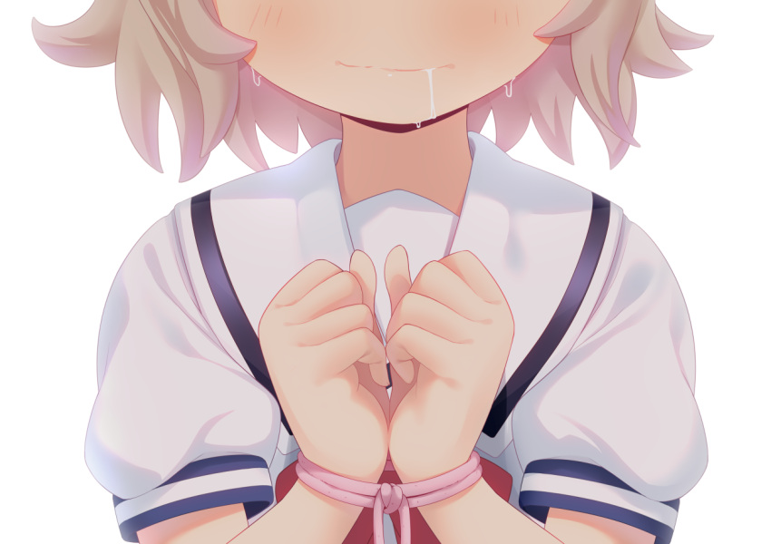 1girl, bound, bound_wrists, brown_hair, commentary, denchisoft, drooling, head_out_of_frame