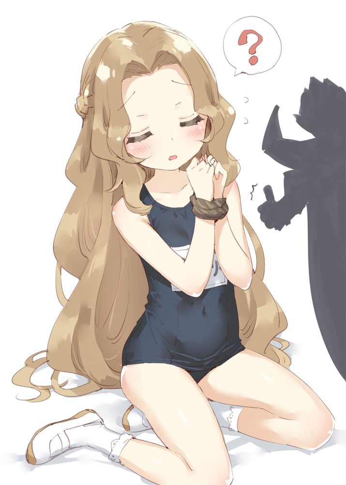 1boy, 1girl, ?, arms_up, blush, bound, bound_wrists, braid, brother_and_sister, brown_hair, clenched_hands, closed_eyes, code_geass, covered_navel, forehead, hair_intakes, lelouch_lamperouge, long_hair, nunnally_lamperouge, one-piece_swimsuit, open_mouth, peko, rope, school_swimsuit, shadow, shoes, siblings, simple_background, sitting, socks, spoken_question_mark, swimsuit, very_long_hair, white_background, white_footwear, zero_(code_geass)