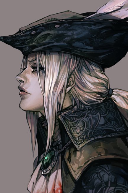 1girl, ascot, blonde_hair, bloodborne, grey_background, hankuri, hat, lady_maria_of_the_astral_clocktower