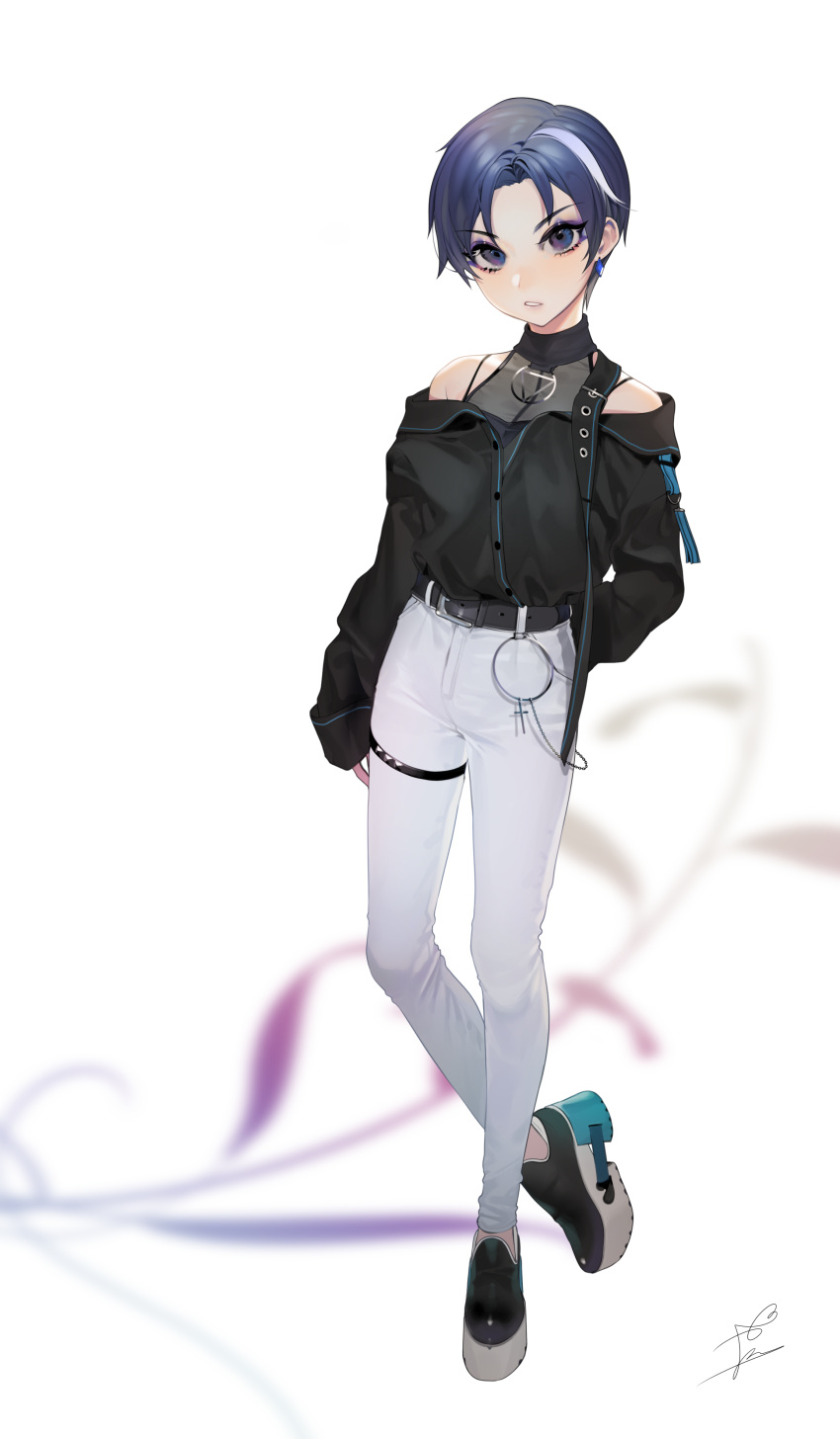 1girl, absurdres, bare_shoulders, belt, black_footwear, black_jacket, blue_eyes, blue_hair
