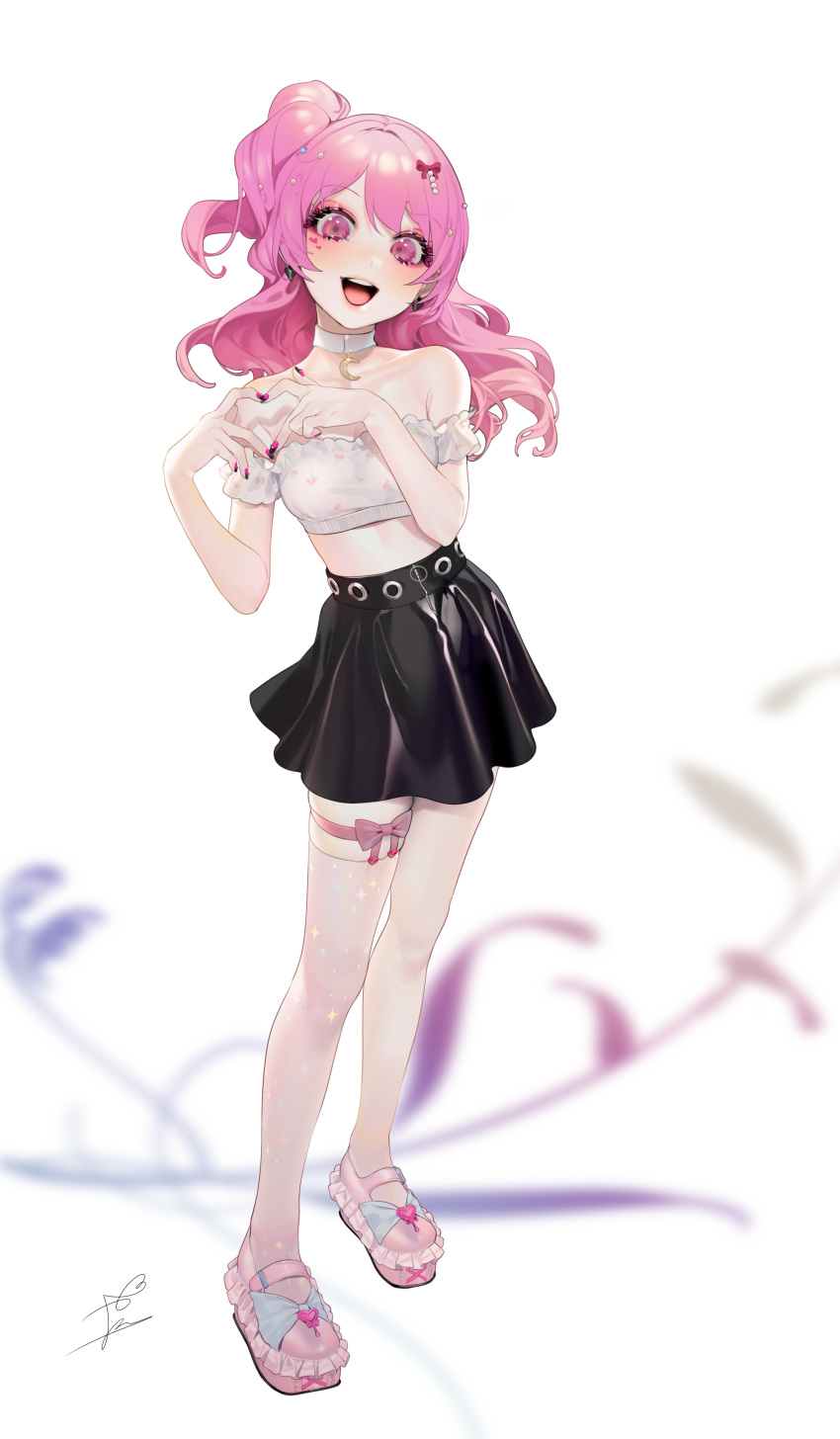 1girl, :d, absurdres, armpit_crease, bare_arms, bare_shoulders, black_nails, black_skirt