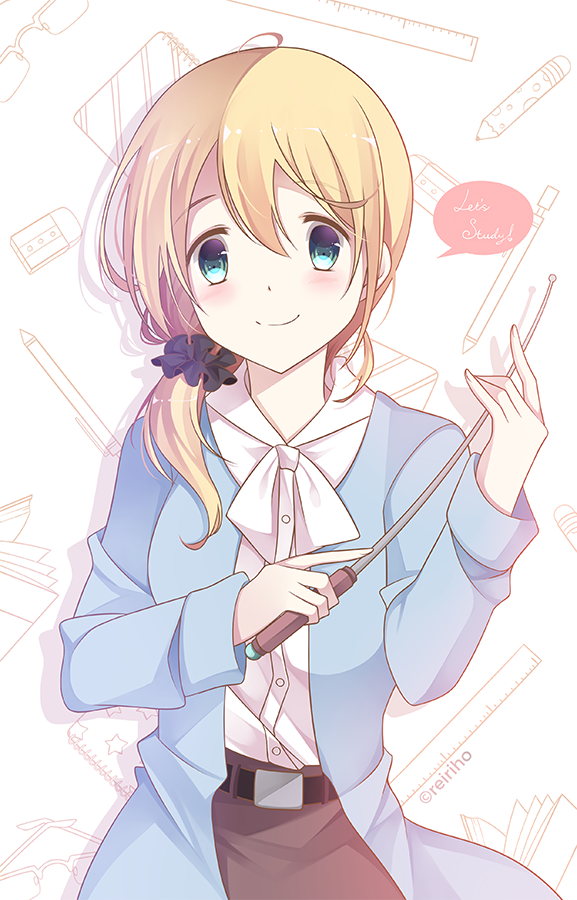 1girl, artist_request, baker_at_bat, blonde_hair, blue_coat, blue_eyes, blue_jacket, brown_pants