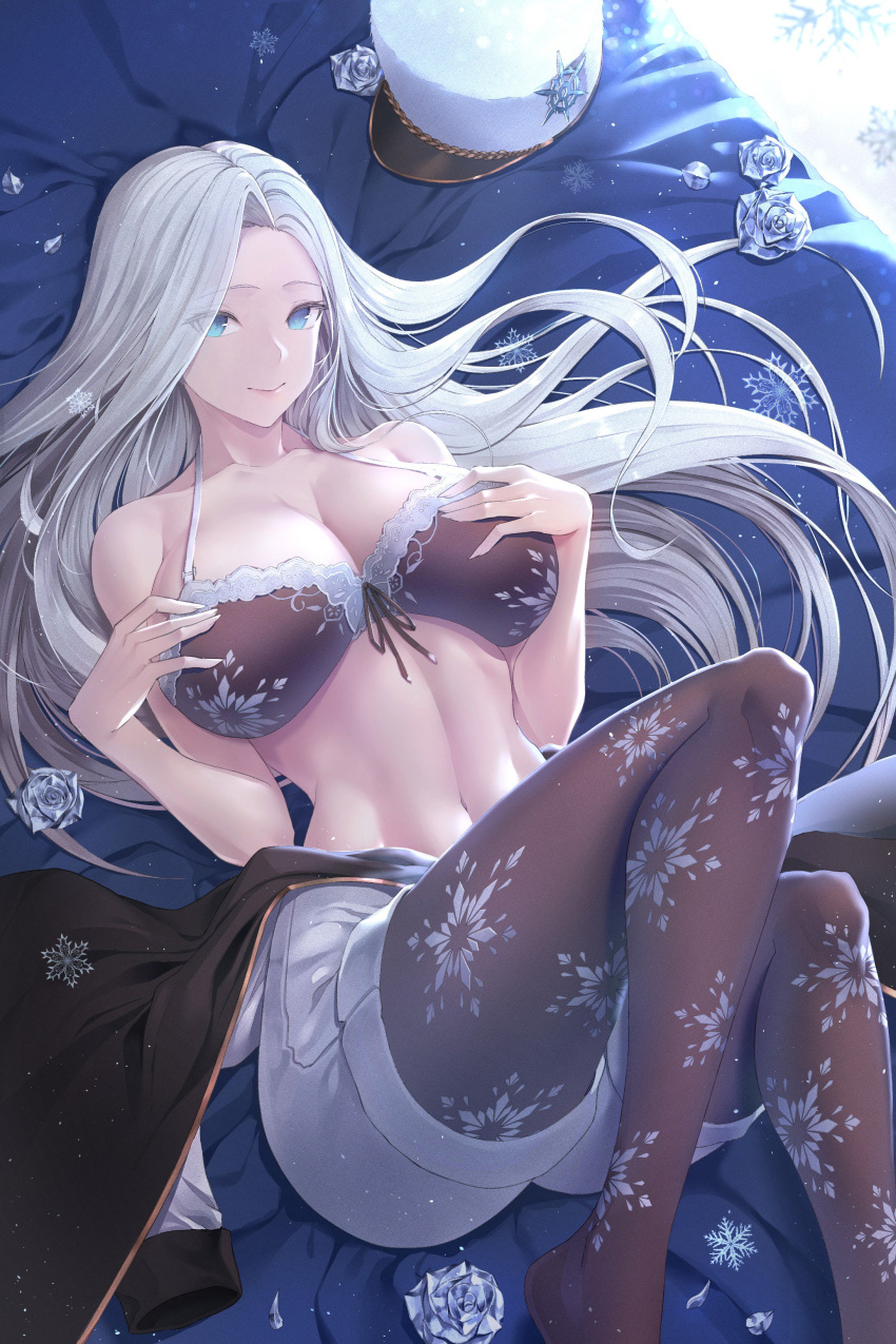 1girl, absurdres, bangs, bare_shoulders, black_bra, black_legwear, blue_eyes, blush
