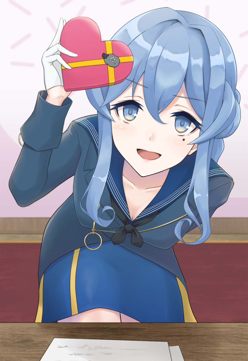 1girl, black_neckwear, blue_eyes, blue_hair, blue_sailor_collar, blue_skirt, blush, box