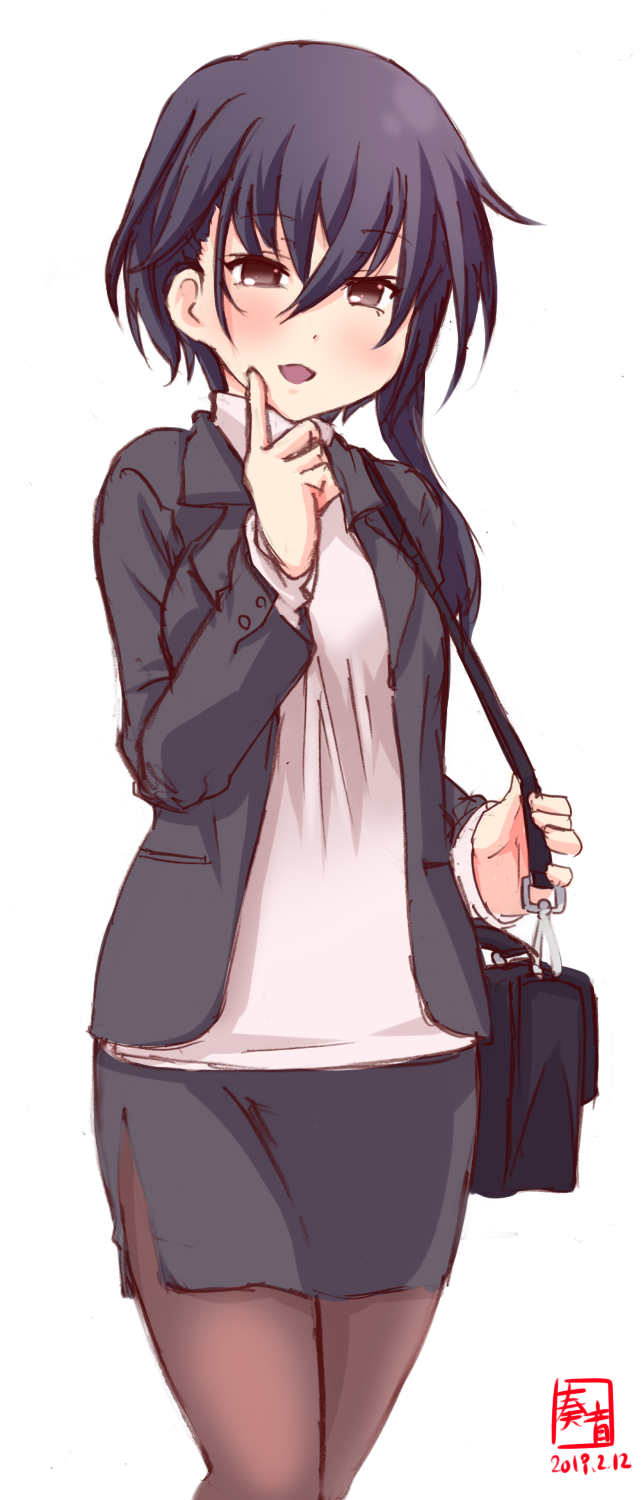 1girl, alternate_costume, artist_logo, asymmetrical_hair, bag, black_hair, black_jacket, black_legwear