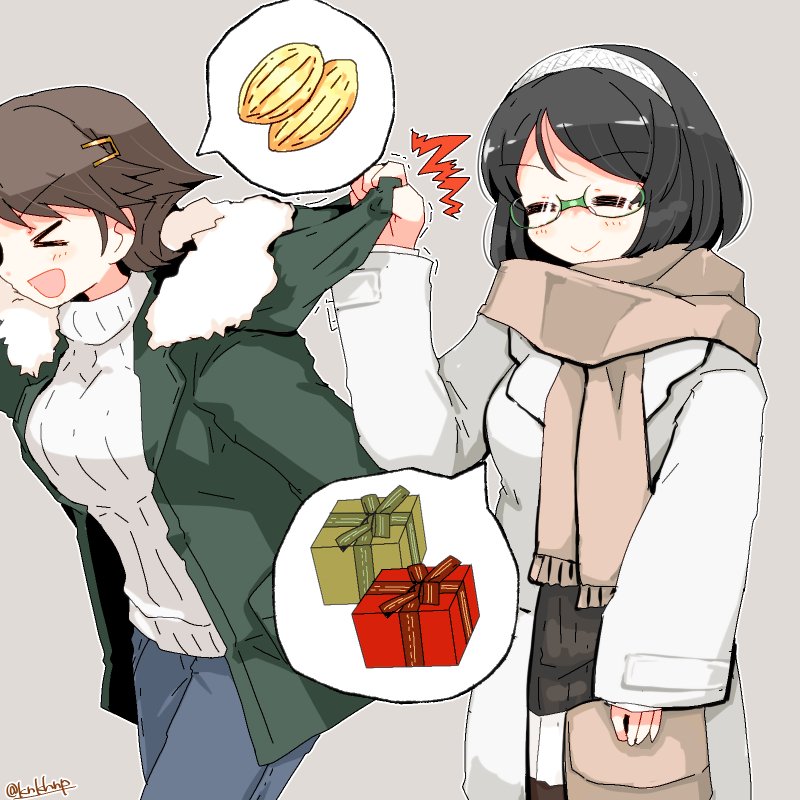 >_<, 2girls, alternate_costume, beige_scarf, black_hair, brown_hair, cacao_fruit, closed_eyes