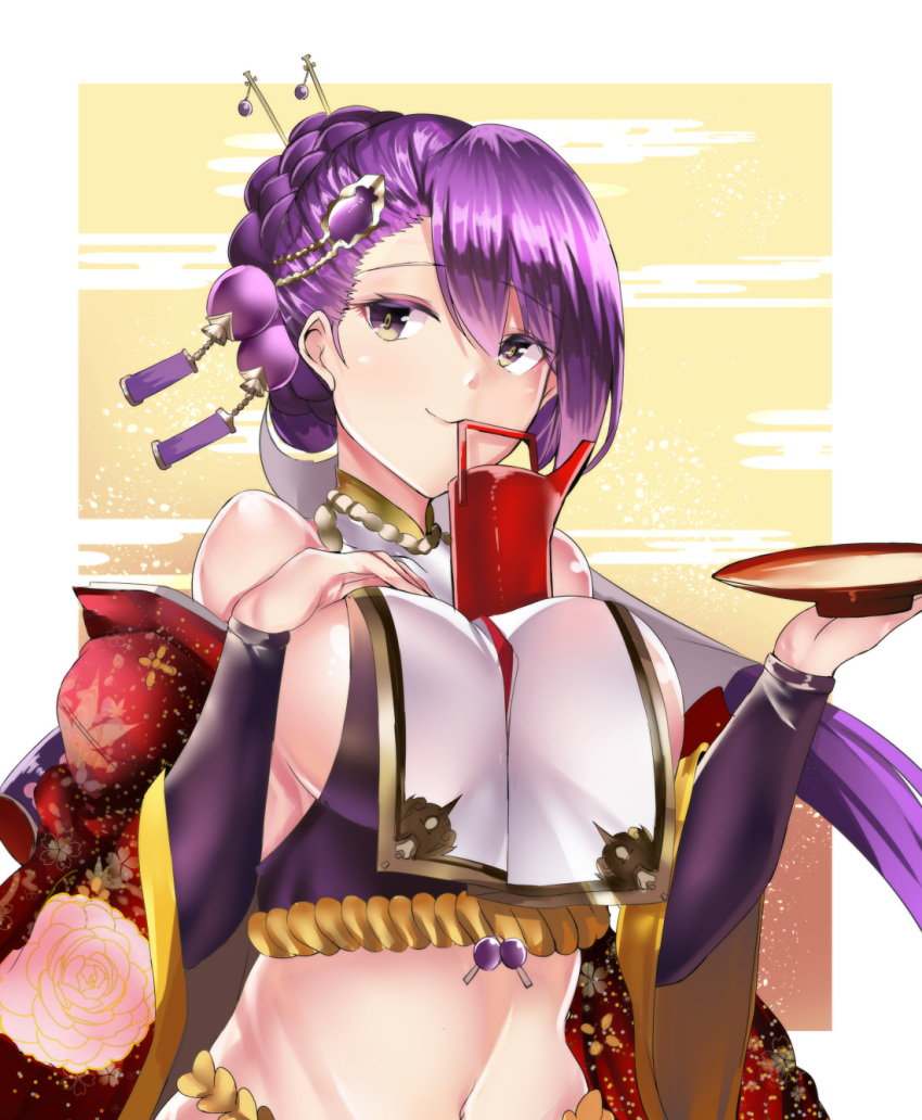 1girl, alcohol, bangs, bare_shoulders, black_sleeves, braid, breasts, brown_eyes, closed_mouth, commentary_request, crop_top, cup, detached_sleeves, egasumi, eyebrows_visible_through_hair, hair_between_eyes, hair_ornament, hand_on_own_chest, hand_up, highres, holding, holding_cup, kamimusubi_(p&amp;d), large_breasts, long_hair, long_sleeves, navel, purple_hair, puzzle_&amp;_dragons, sakazuki, sake, setu_(shining12), smile, solo, upper_body, very_long_hair