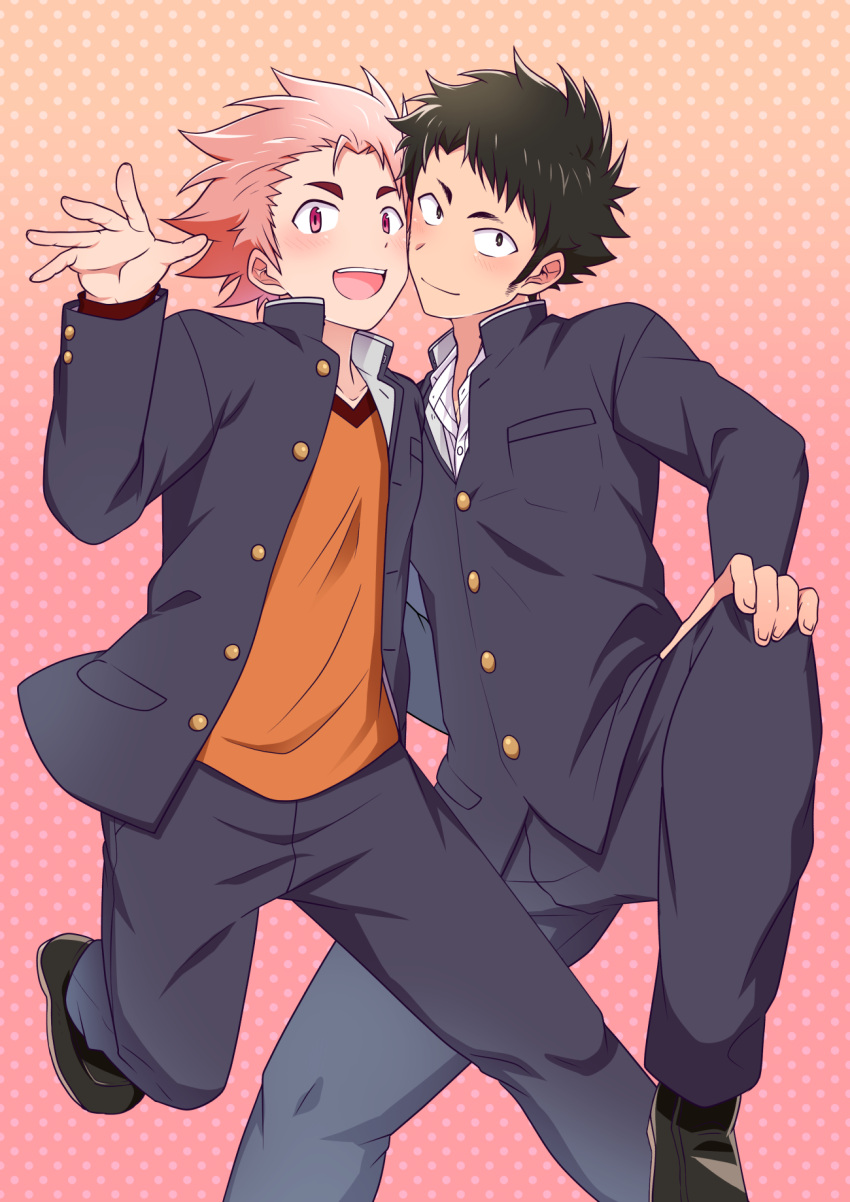 2boys, :d, black_hair, blush, cheek-to-cheek, collarbone, dress_shirt, gakuran, hand_on_own_knee, hand_up, highres, knee_up, looking_at_viewer, male_focus, multiple_boys, nishikimaru, open_clothes, open_mouth, original, pink_eyes, pink_hair, polka_dot, polka_dot_background, school_uniform, shirt, shoes, sideburns, smile, spiky_hair, spread_legs, unbuttoned, waving, yaoi