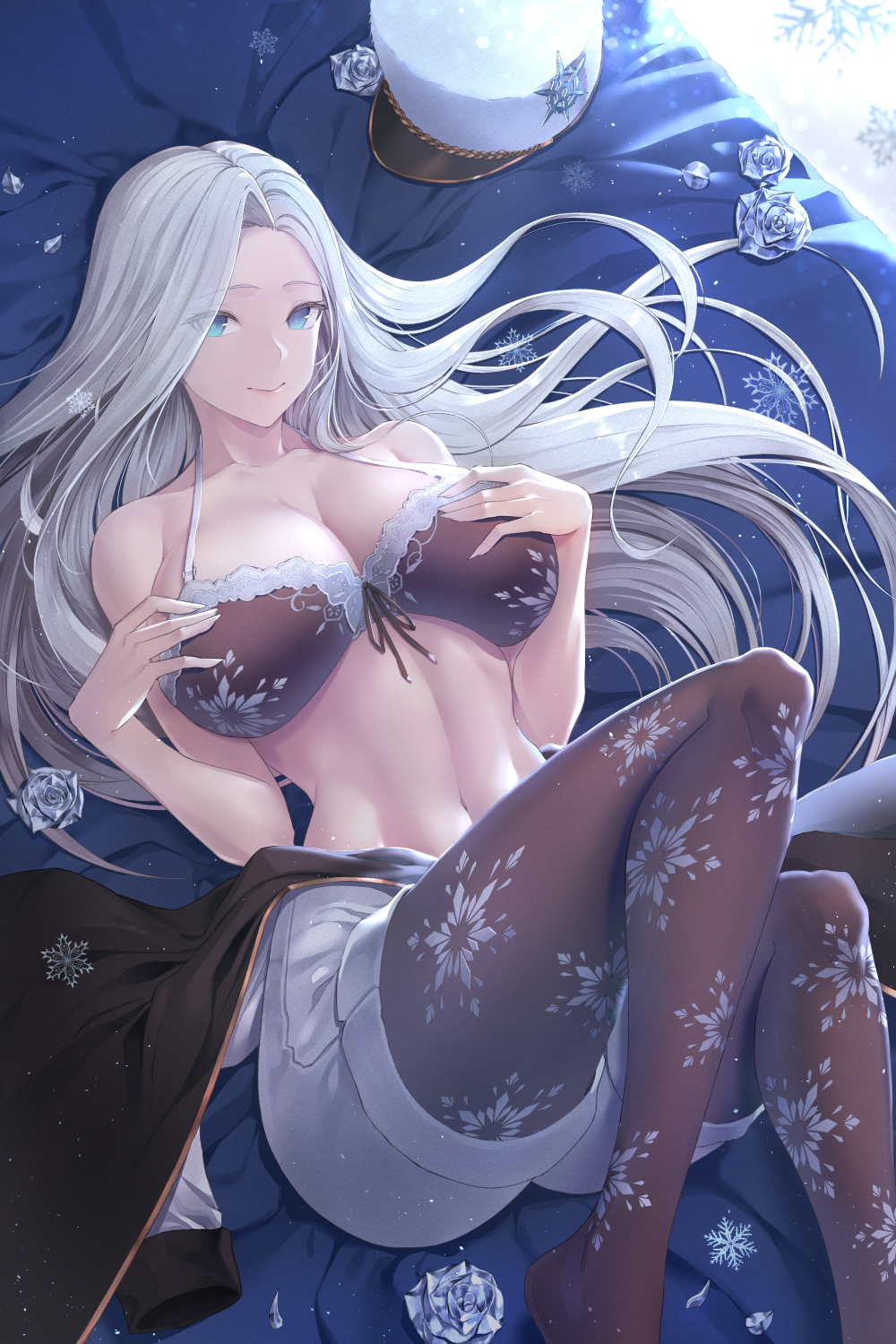 1girl, bangs, bare_shoulders, black_bra, black_legwear, blue_eyes, blush, bra