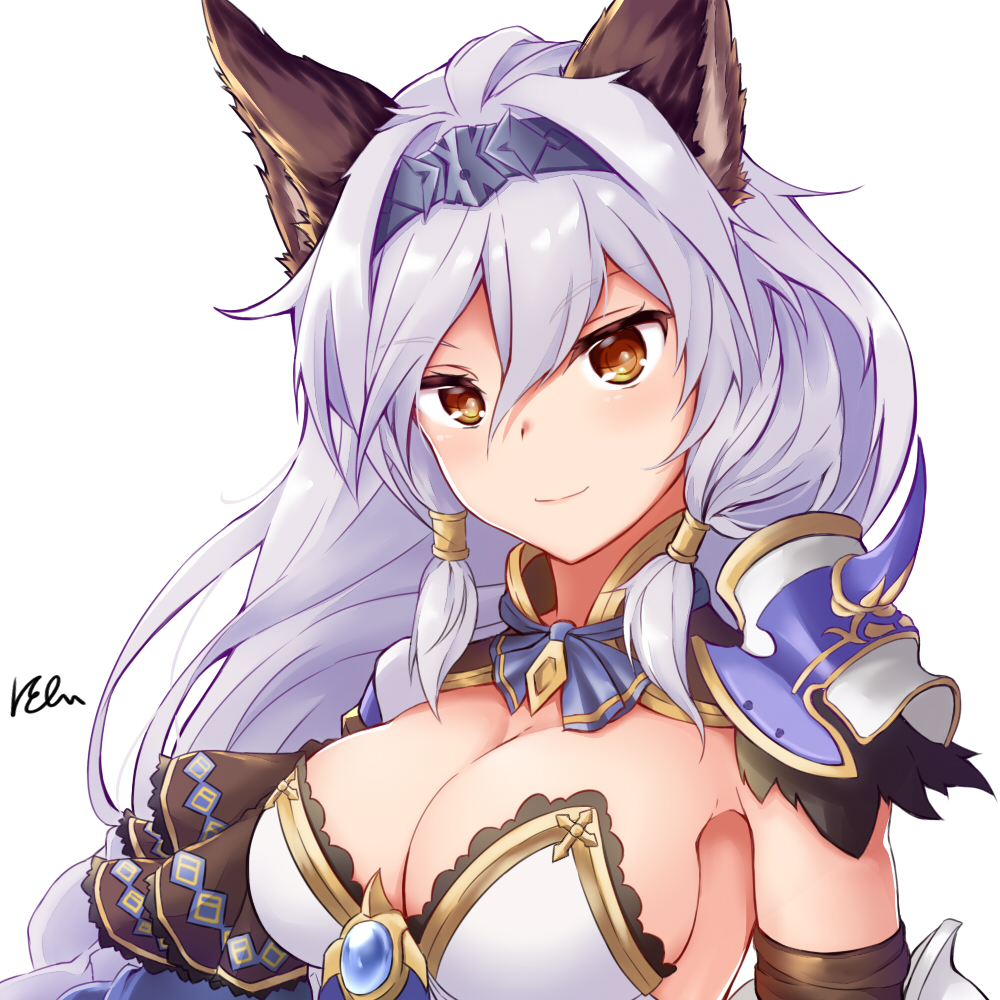1girl, animal_ears, armor, armpits, bangs, blue_neckwear, breasts, brown_eyes