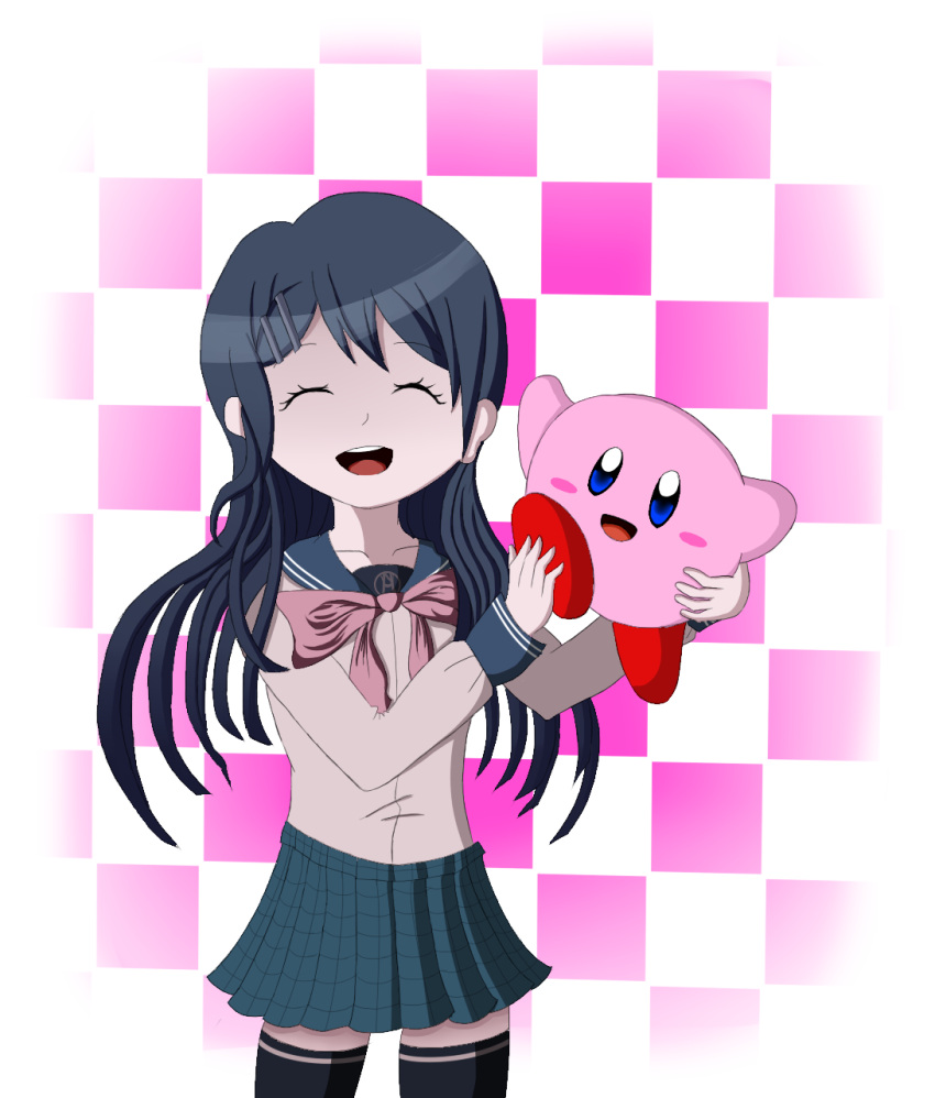 1girl, 1other, blue_eyes, blue_hair, blush, checkered_background, closed_eyes, crossover