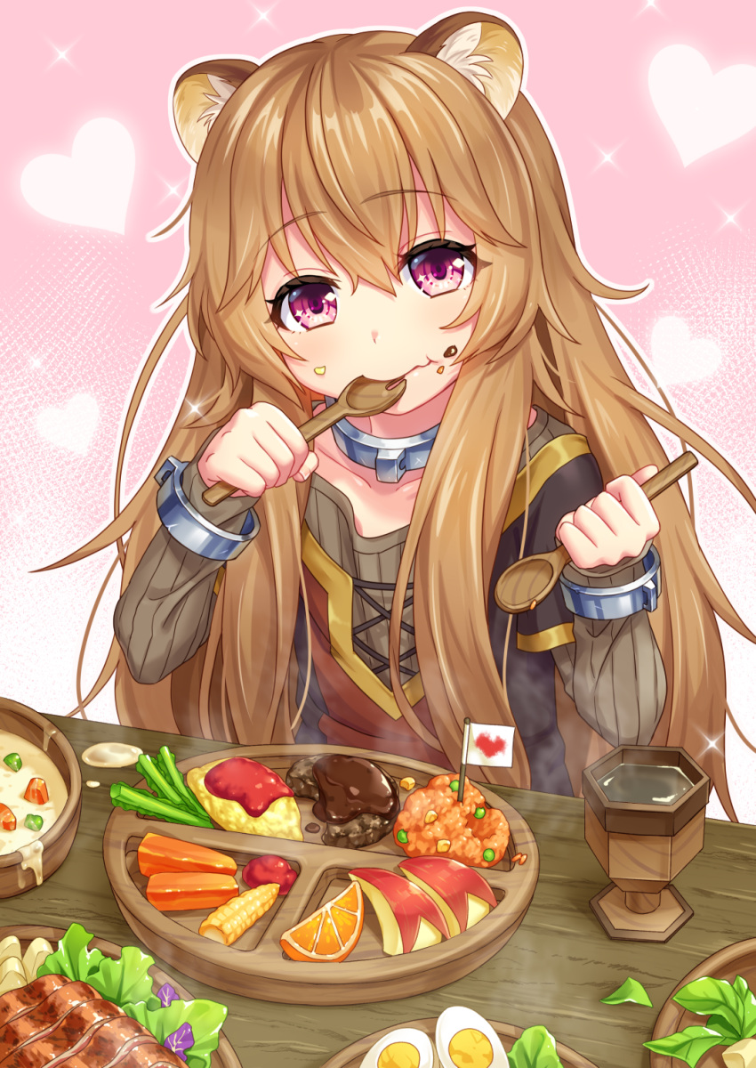 1girl, animal_ears, apple_slice, blush, bowl, brown_hair, carrot, closed_mouth