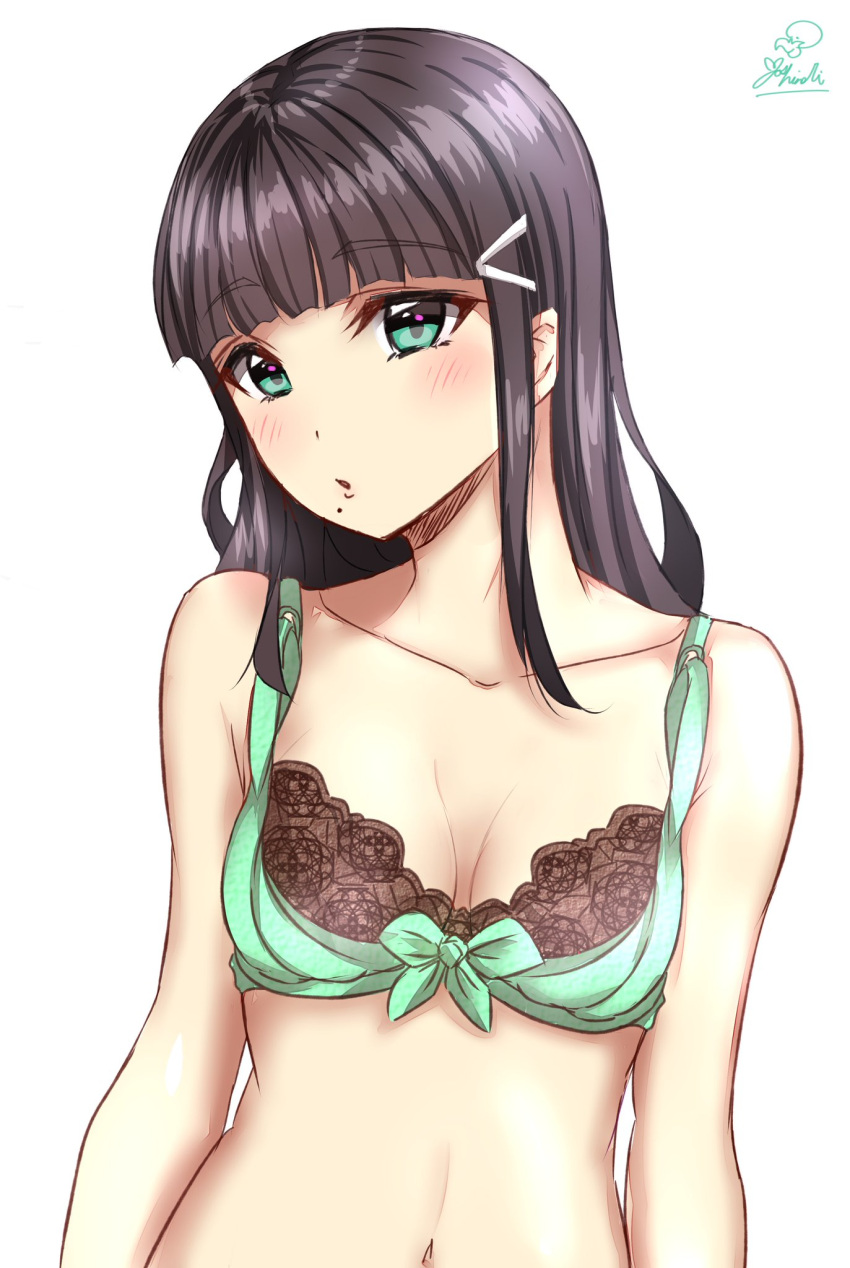 1girl, :o, =o, bangs, bare_arms, bare_shoulders, black_hair, blush
