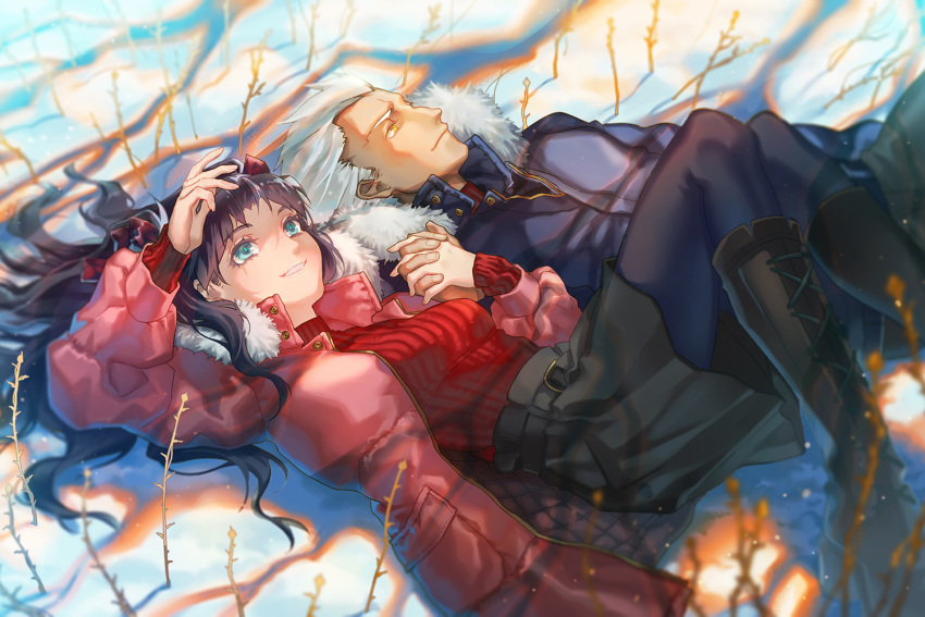 1boy, 1girl, archer, black_coat, black_footwear, black_hair, black_legwear, black_skirt