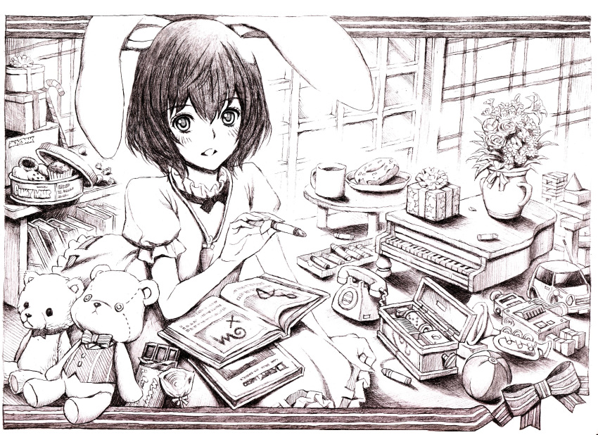 animal_ears, bad_id, book, bullet, bullets, bunny_ears, carrot, highres