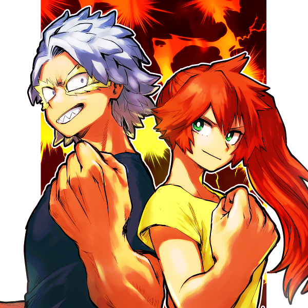 1boy, 1girl, boku_no_hero_academia, border, clenched_hand, green_eyes, grey_eyes, grey_hair