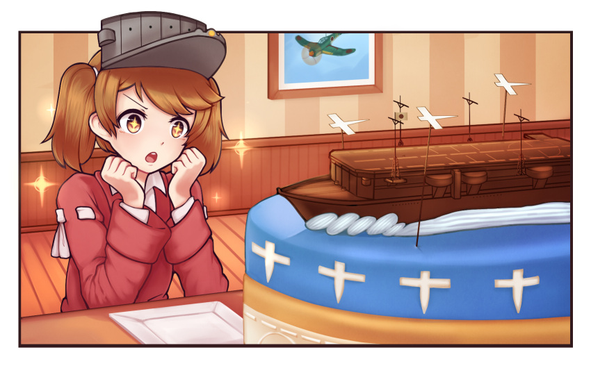 +_+, 1girl, blush, border, brown_eyes, brown_hair, cake, eyebrows