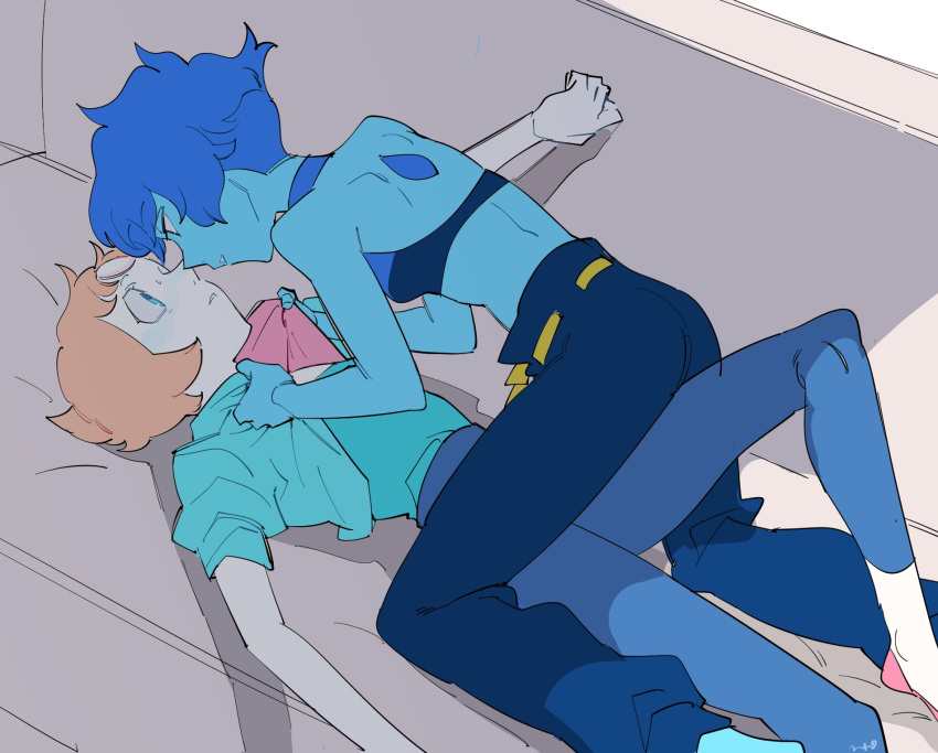 2girls, alternate_costume, back, backless_outfit, blue_eyes, blue_hair, blue_jacket, blue_pants