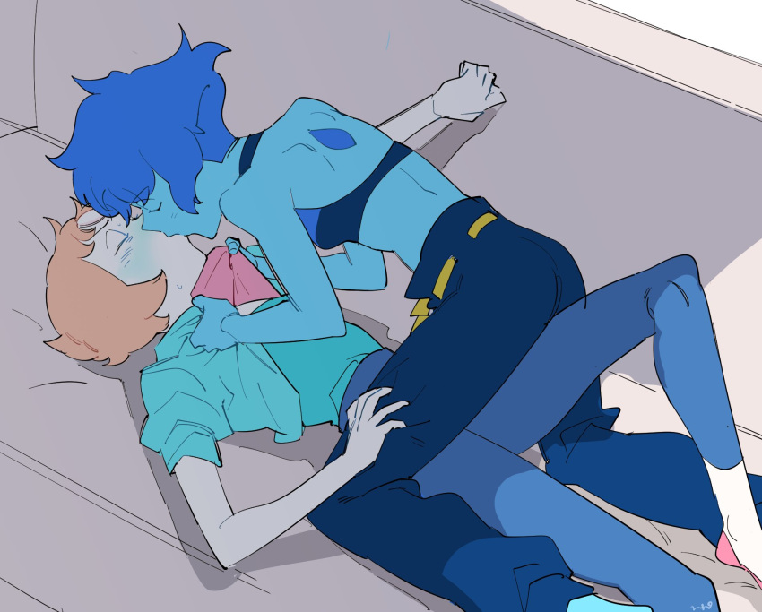 2girls, back, backless_outfit, blue_hair, blue_jacket, blue_pants, blue_skin, blush, closed_eyes, couch, cropped_jacket, forehead_jewel, gem, girl_on_top, grabbing, halter_top, halterneck, highres, jacket, jacket_pull, kiss, lapis_lazuli_(steven_universe), lying, multiple_girls, nano8, on_back, pale_skin, pants, pearl_(steven_universe), shade, short_hair, steven_universe, sweatdrop, toned, yuri
