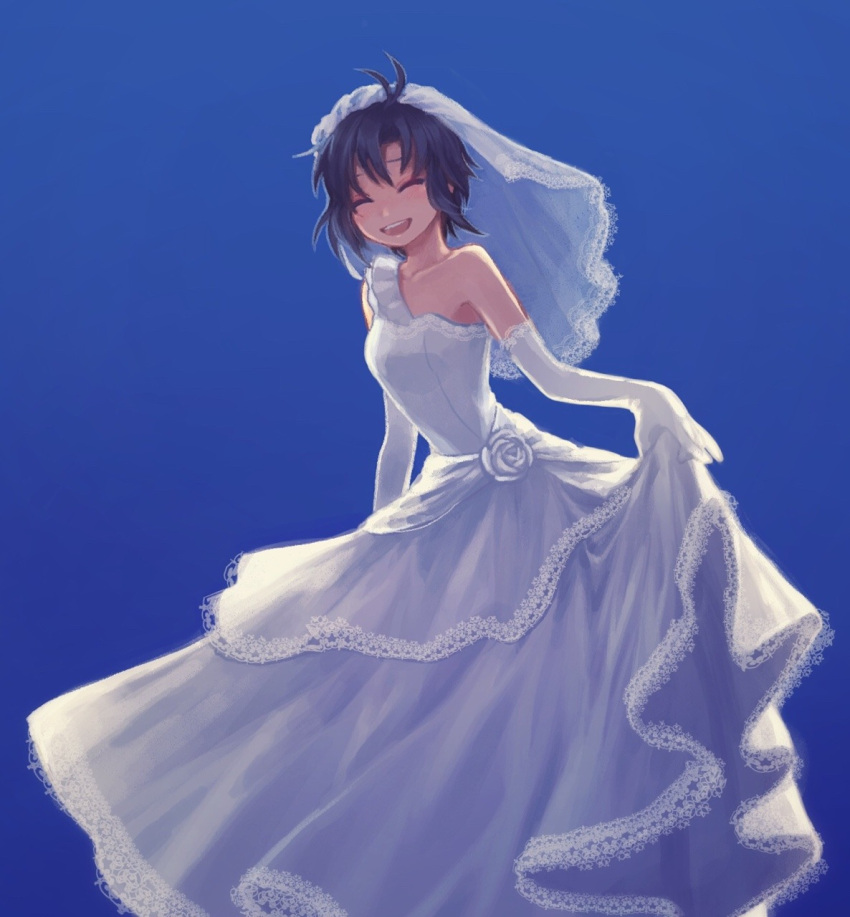 1girl, :d, ^_^, antenna_hair, bangs, bare_shoulders, black_hair, blue_background