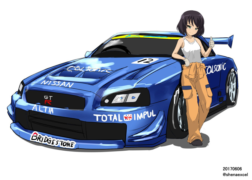 1girl, bangs, black_footwear, bridgestone, brown_hair, car, closed_mouth, clothes_around_waist