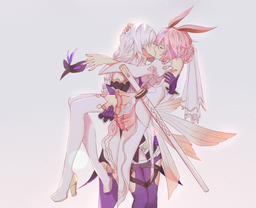 2girls, absurdres, animal_ears, bare_shoulders, blush, boots, braid, bridal_veil