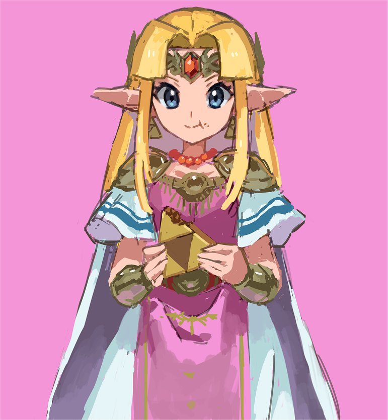 1girl, bangle, bangs, blonde_hair, blue_eyes, blunt_bangs, bracelet, closed_mouth, crumbs, dress, eating, food_in_mouth, forehead_protector, gem, headpiece, jewelry, necklace, nintendo, nyagiratwist, pauldrons, pink_background, pointy_ears, princess_zelda, shoulder_armor, simple_background, smile, solo, super_smash_bros., super_smash_bros._ultimate, the_legend_of_zelda, the_legend_of_zelda:_a_link_between_worlds, triforce