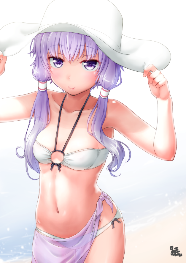 1girl, armpits, arms_up, ayama_yuiya, bangs, bare_arms, bare_shoulders, bikini