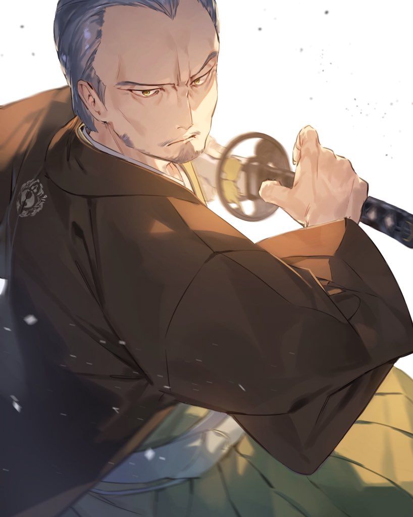 1boy, beard, drawing_sword, facial_hair, fate/grand_order, fate_(series), grey_hair, hakama