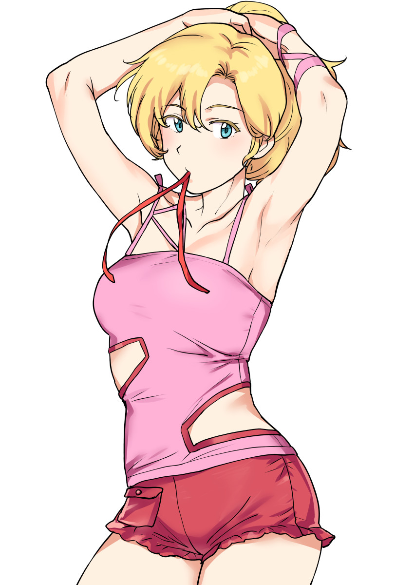1girl, armpits, arms_up, bangs, bare_arms, bare_shoulders, blonde_hair, blue_eyes