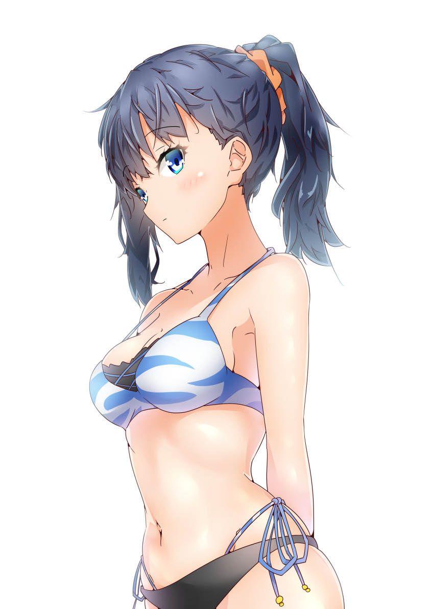 1girl, absurdres, arms_behind_back, bangs, bikini, black_bikini_bottom, blue_bikini, blue_hair