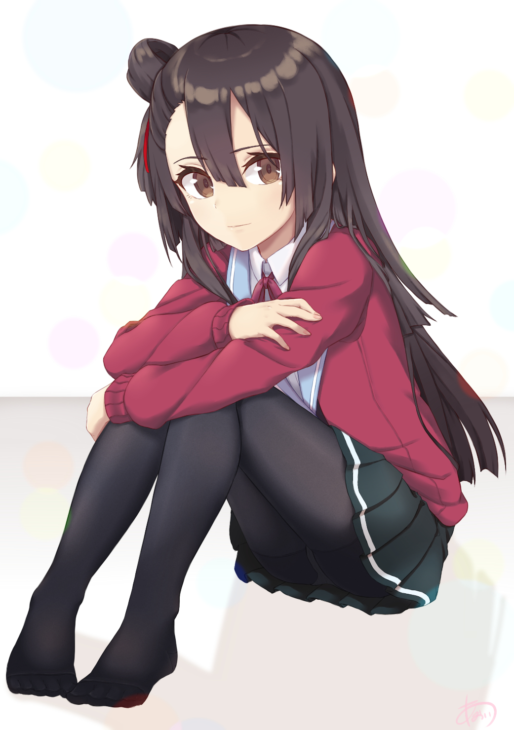 1girl, bangs, black_hair, black_legwear, black_skirt, brown_eyes, closed_mouth, full_body