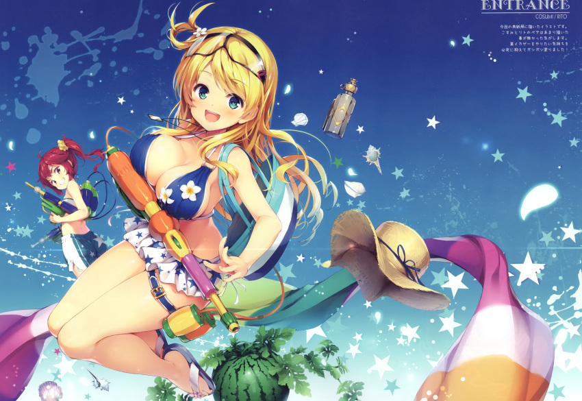 2girls, :d, absurdres, ahoge, artist_request, bag, bare_shoulders, bikini
