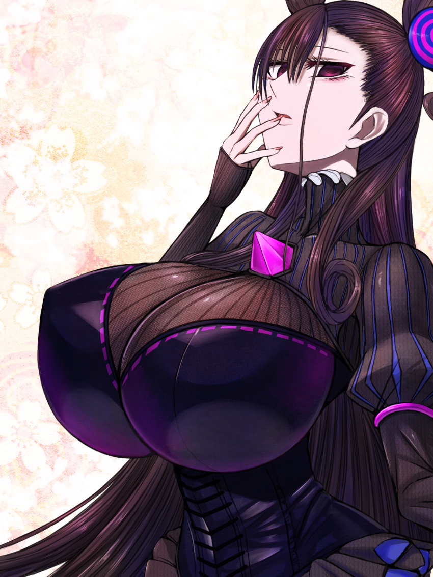 1girl, aebafuti, bangs, breasts, brown_hair, covering_mouth, curly_hair, curvy, double_bun, dress, empty_eyes, erect_nipples, fate/grand_order, fate_(series), floral_print, frills, gem, hand_over_own_mouth, highres, huge_breasts, impossible_clothes, impossible_dress, long_hair, long_sleeves, looking_at_viewer, murasaki_shikibu_(fate), nail_polish, open_mouth, puffy_sleeves, purple_dress, simple_background, solo, striped, striped_clothes, striped_dress, turtleneck, very_long_hair, violet_eyes
