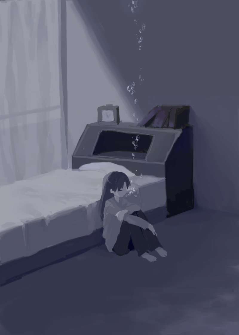 1girl, against_bed, bed, bubble, closed_eyes, commentary_request, curtains, grey, idolmaster, indoors, kisaragi_chihaya, knees_up, long_sleeves, naname_(fossama1), pants, shirt, sitting, solo