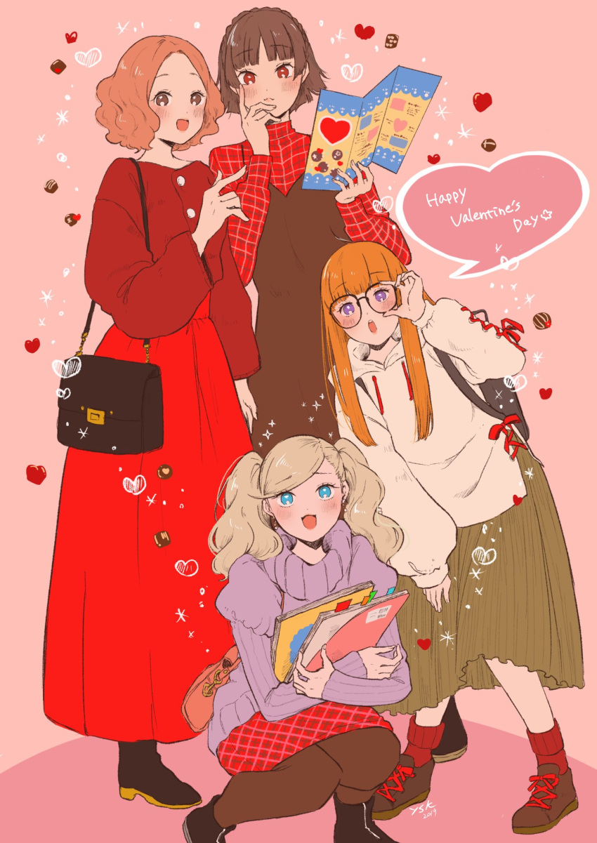 4girls, :d, bag, blonde_hair, blue_eyes, brown_eyes, brown_hair, curly_hair
