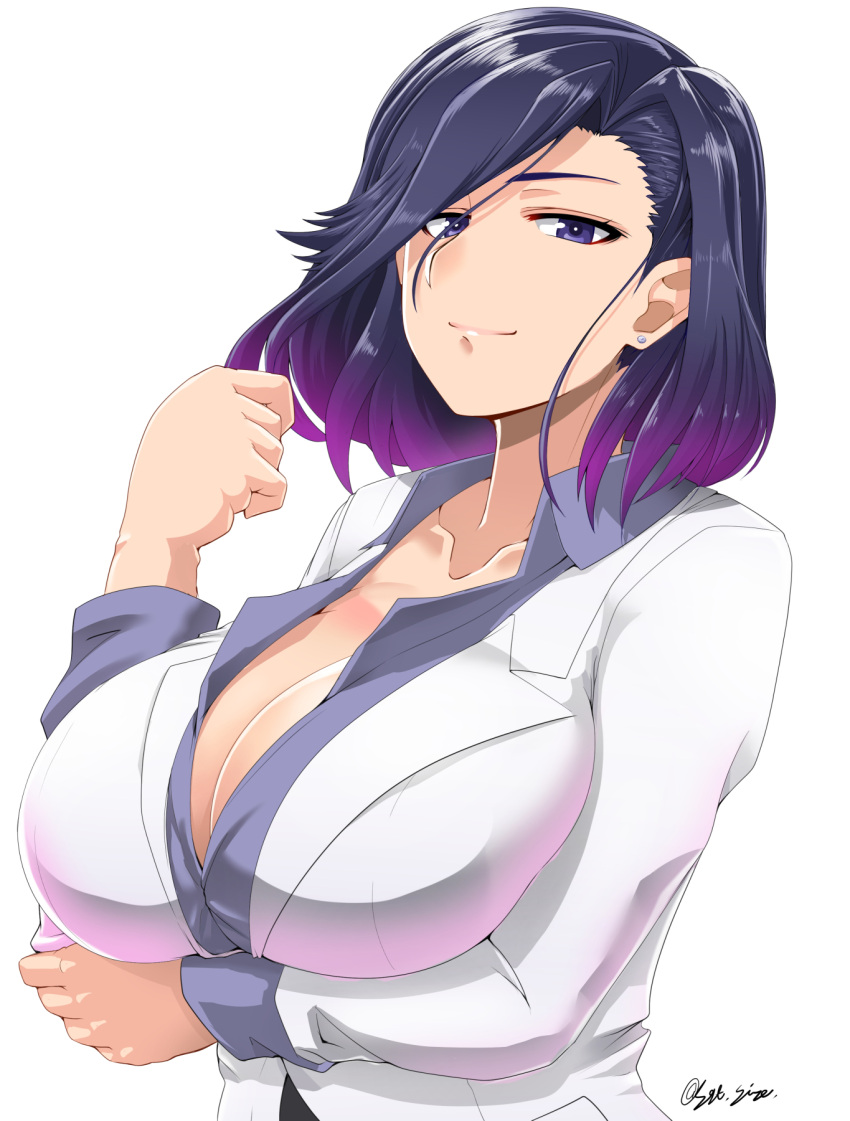 1girl, arm_under_breasts, blue_shirt, bob_cut, breasts, city_hunter, cleavage, closed_mouth, collarbone, commentary_request, dress_shirt, earrings, hand_up, highres, jacket, jewelry, large_breasts, looking_at_viewer, nogami_saeko, purple_hair, saizu_nitou_gunsou, shirt, short_hair, simple_background, smile, solo, unbuttoned, unbuttoned_shirt, upper_body, violet_eyes, white_background, white_jacket