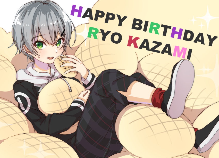 1boy, androgynous, bangs, black_hoodie, black_pants, blush, bread, character_name